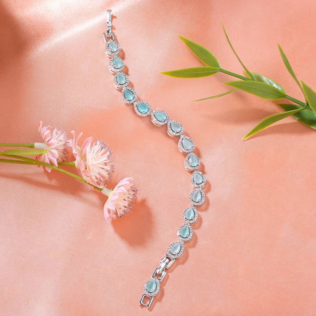 Estele Rhodium Plated Cz Classic Drop Designer Bracelet With Mint Green Stones For Women : AD-054-IR-MGBR