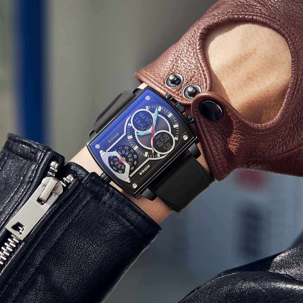 Giordano Square Analog-Digital Watch For Men – Triple Time Zone Displa, Silicone Strap : GZ-50161-01