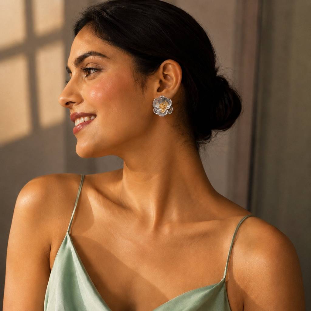 Large Silver Textured Flower Studs With Gold Stament : RRAPR26AID-66
