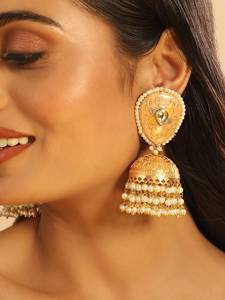 Royale Enamel Pearl Drop Statement Jhumki Earrings : YI24A0433E