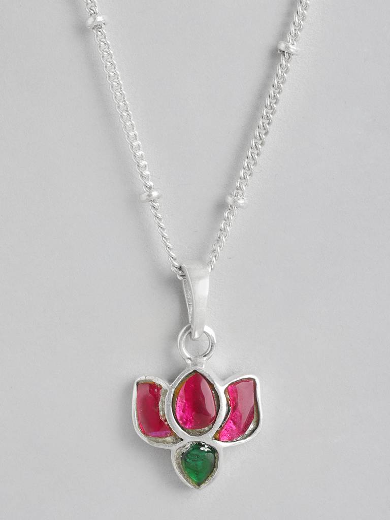 92.5 Silver Crimpson Kundan Lotus Necklace : U100SG006MY016