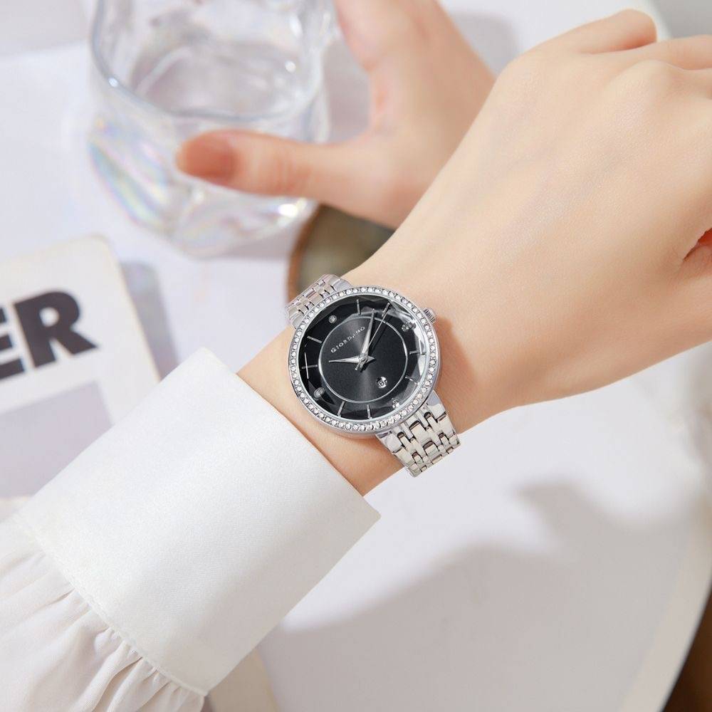 Giordano Stylish Analog Watch For Women – Round Cut Glass Dial,Diamond Studed Bezel, Stainess Steel Strap And Da : GZ-60110-11