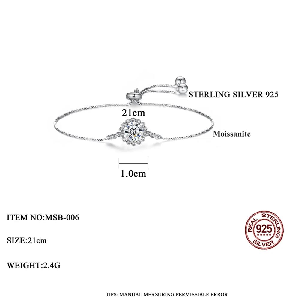 1 Ct Flower Pattern 925 Sterling Silver Adjustable Round Moissanite Bracelet : FlowerPattern_1ct_MSB-006