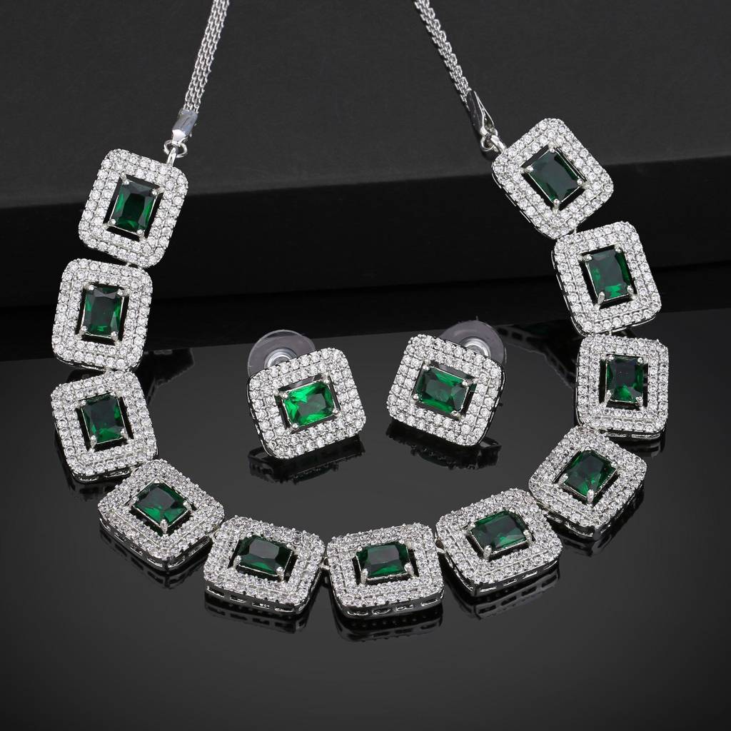 Estele Rhodium Plated Cz Beautiful Necklace Set With White & Green Crystals For Women