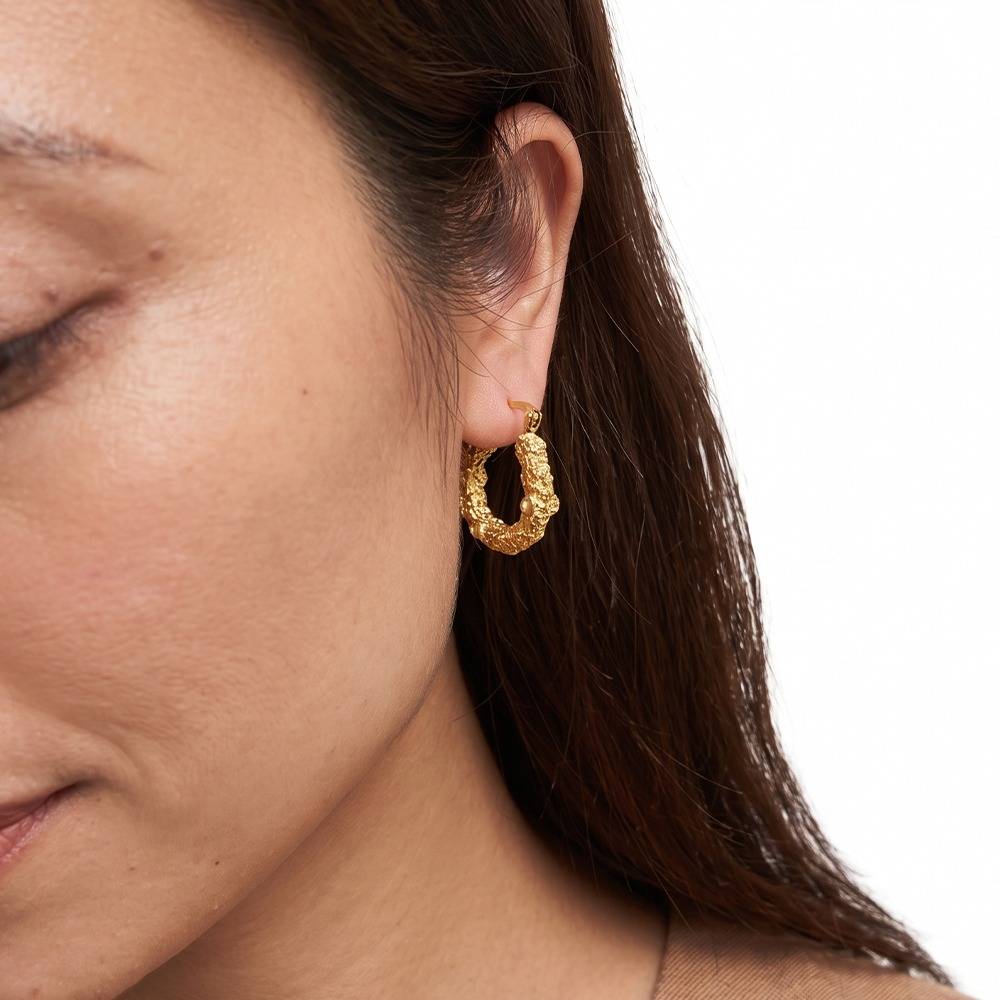 Women 18K Gold-Plated Textured Molten Hoop Earrings : 101192