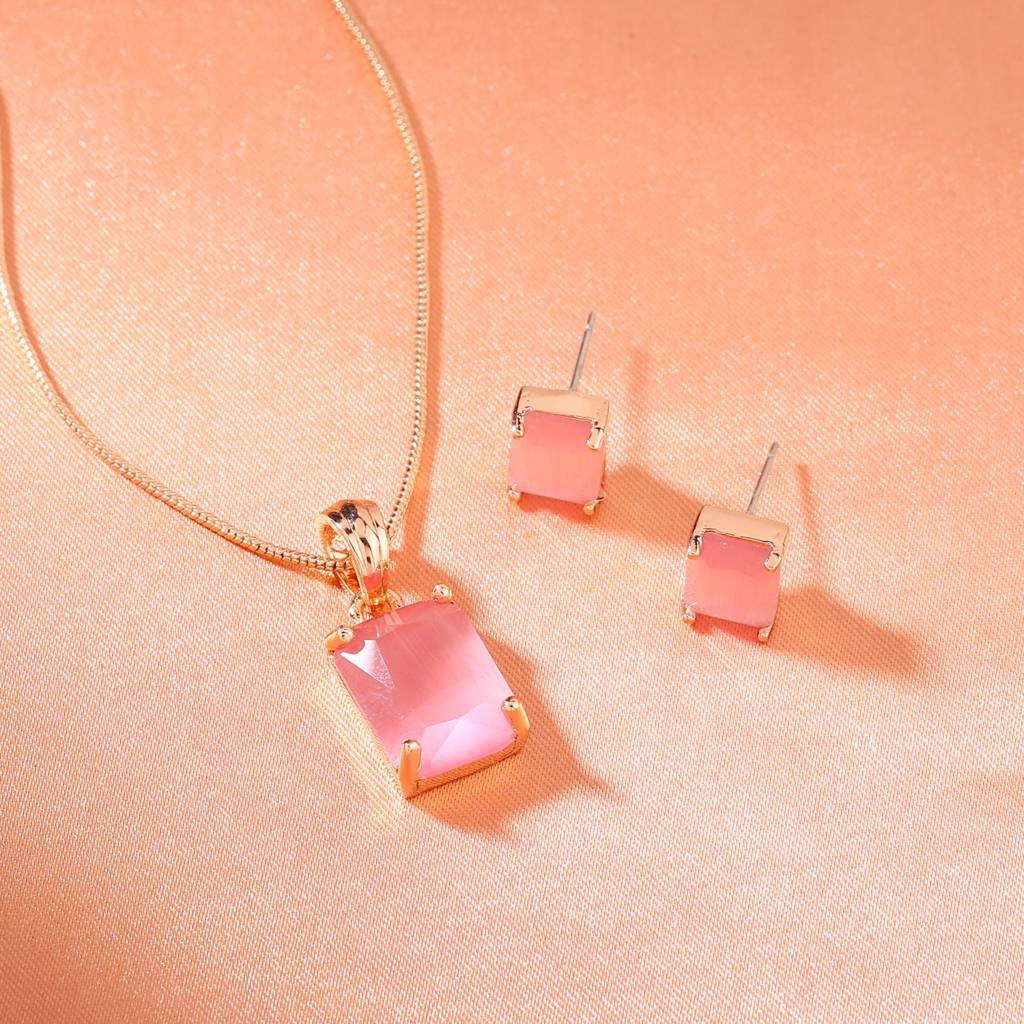 Estele Rose Gold Plated Cz Square Designer Pendant Set With Mint Pink Stones For Women