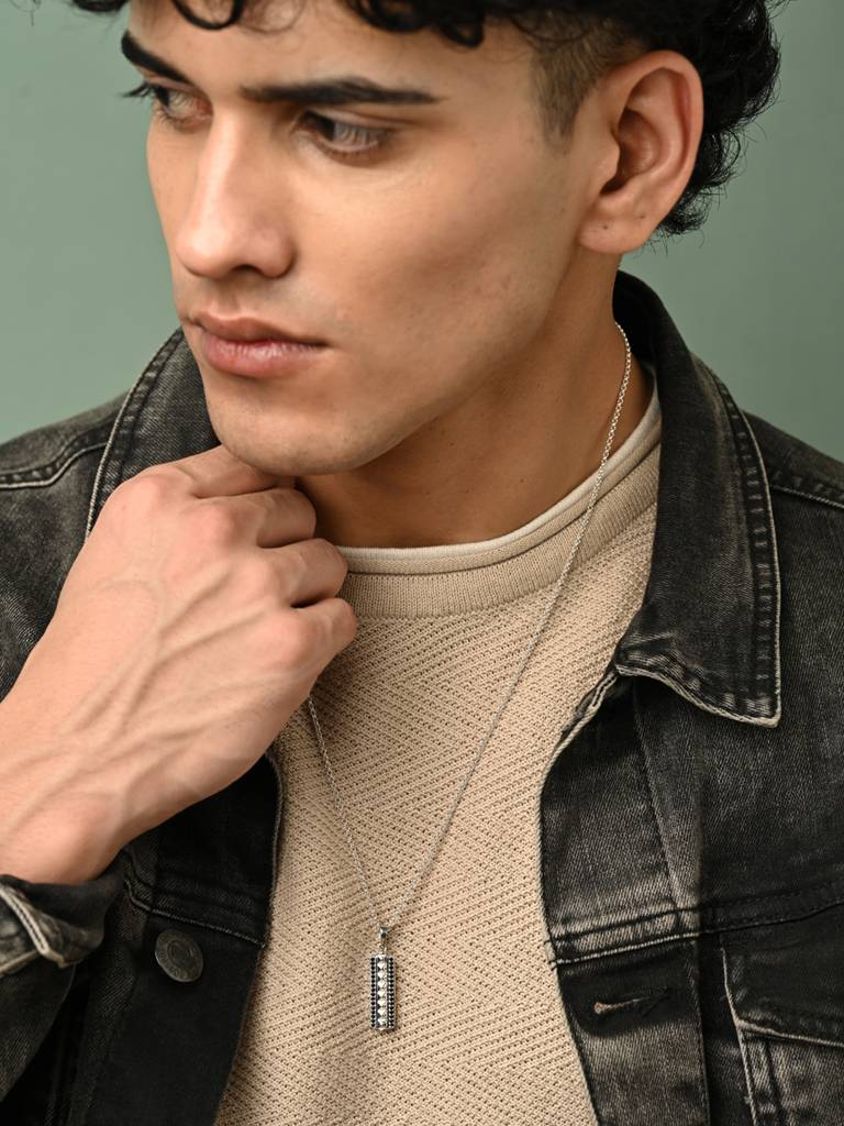 925 Silver Platinum Plated Swiss Zircon Pyramid Men Pendant Necklace With Chain Gift For Men & Boys : CSMNP31