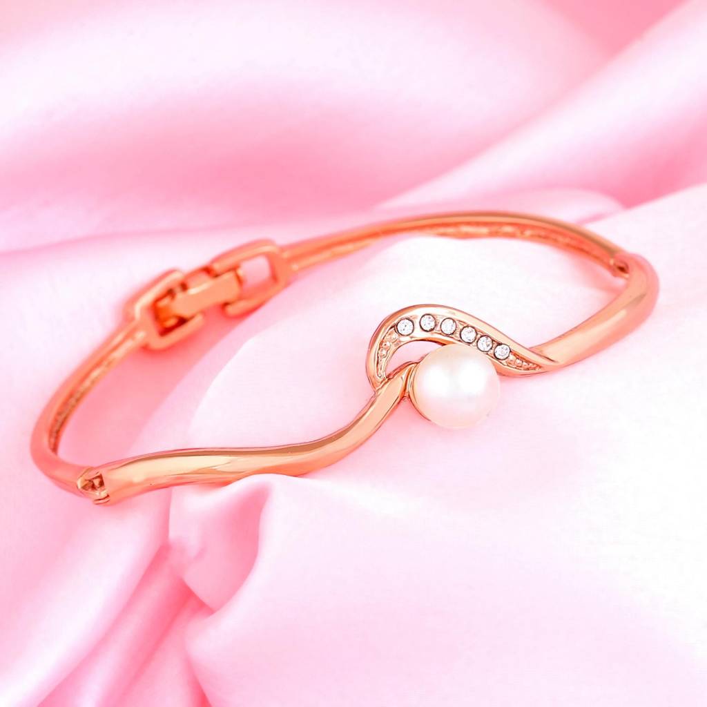 Estele Rose Gold Plated Sparkling Bracelet With White Crystals & Pearls For Girls & Women