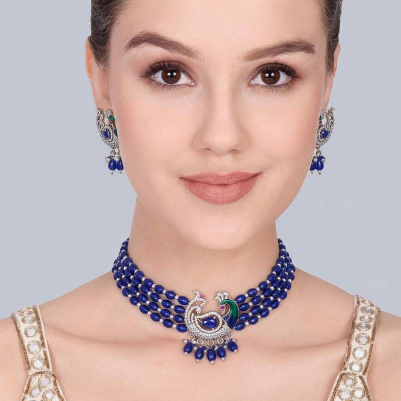 Traditional Peacock Design Cz Stone Beaded Choker Set : AD-935-IRBLNKER