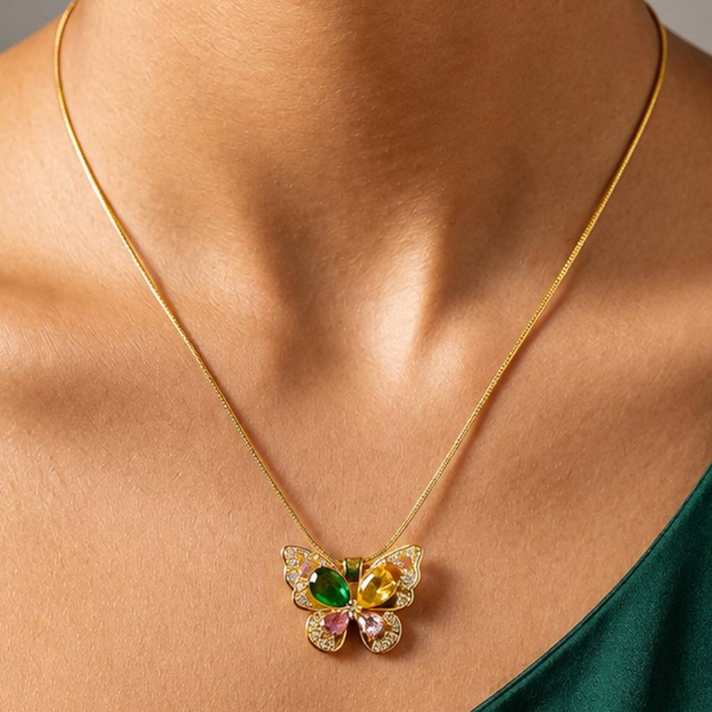 Multicolor Butterfly Gemstone Anti-Tarnish Pendant Necklace For Women : JW-HSPS60MB2068