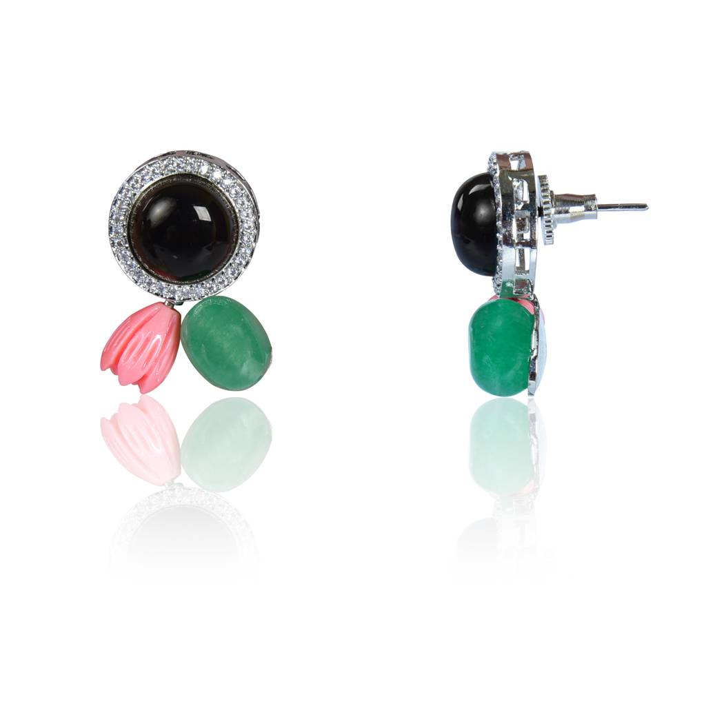 Black Onyx With Coral And Green Tumble Stud Earrings : IE935A