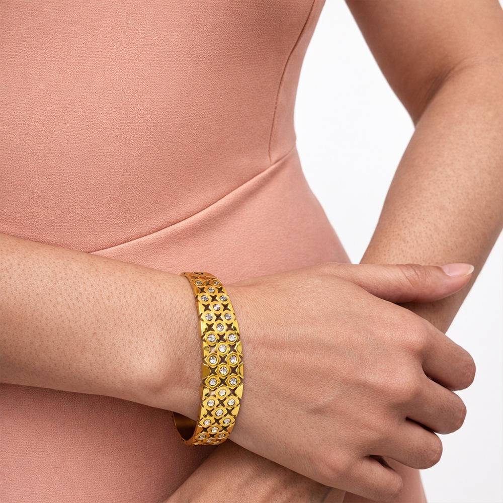 Gold-Plated Crystal Studded Wide Cuff Bracelet : 100768