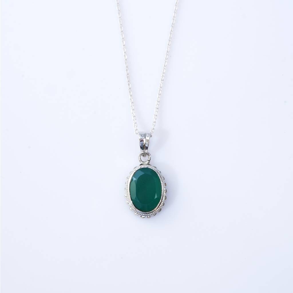 925 Sterling Silver Green Onyx Pendant With Chain For Women | Gemstone Pendant | Handmade Silver Jewelry | Elegant : FU-1115-C