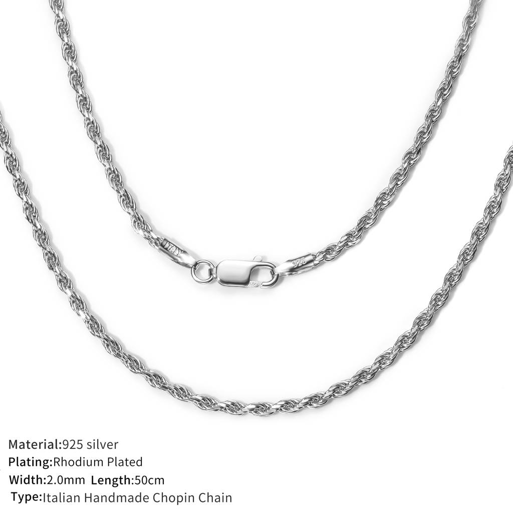 925 Sterling Silver Italian Handmade Chopin Chain For Men, 20 Inch Rhodium Plated Silver Chain : BRDCRHM