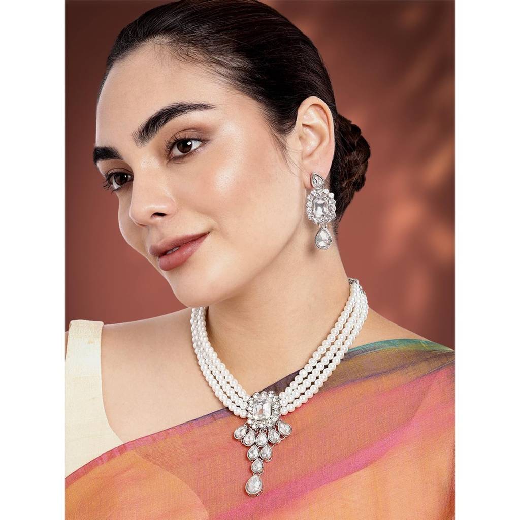 Peora Crystal Pearl Necklace Earring Traditional Jewellery Set Gift For Women Girls : PF24N01RW