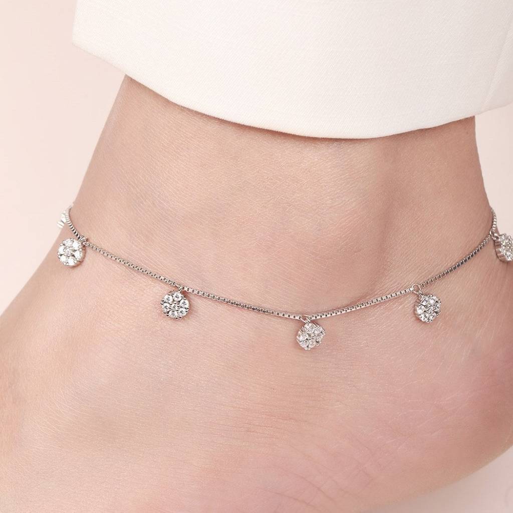 Floral Cz Rhodium Plated 925 Sterling Silver Anklet : ANK-60371-PAIR-R