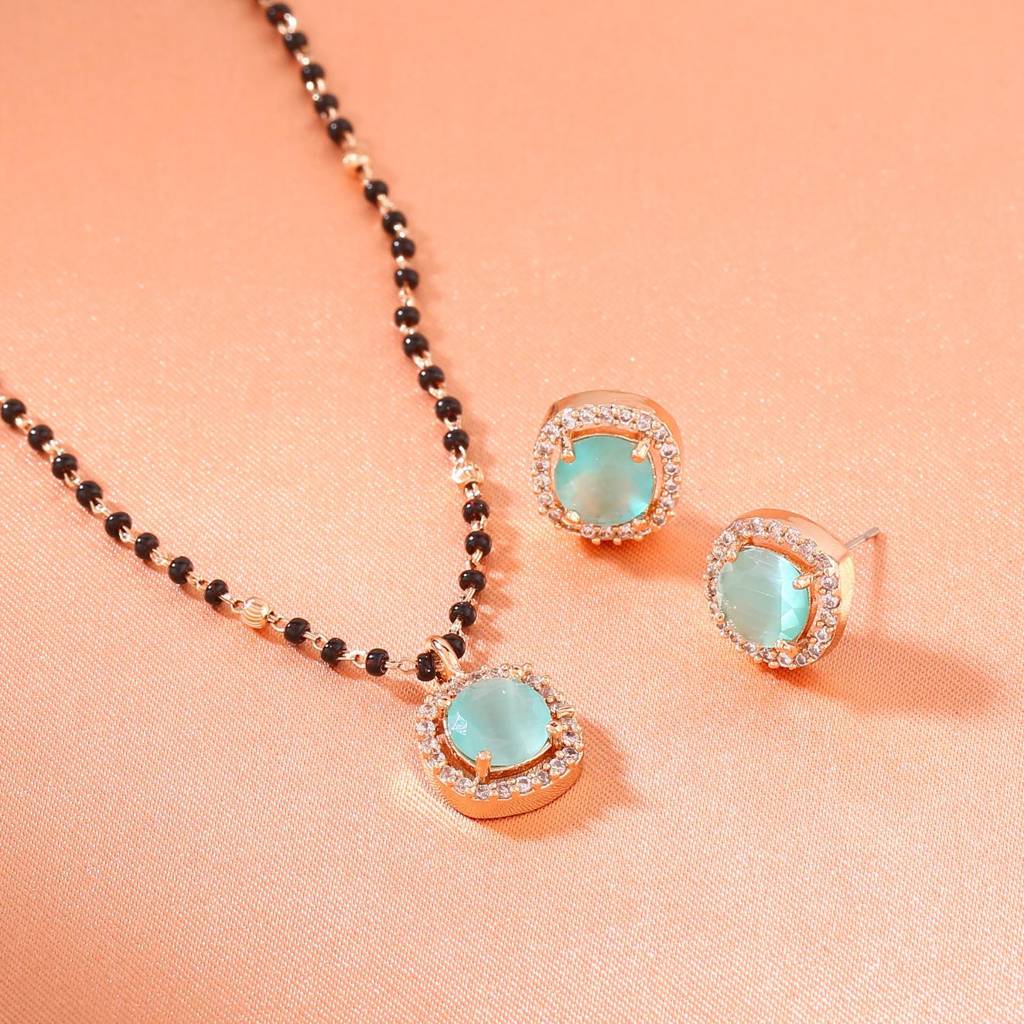 Estele Rose Gold Plated Cz Sparkling Mangalsutra Necklace Set With Mint Green Stone For Women