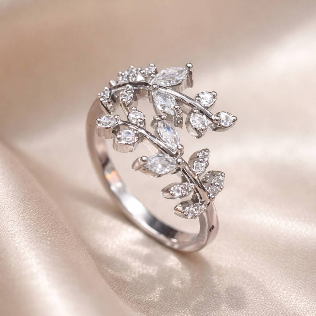 Sliver- Tone Delicate Crystal Floral Vine Anti-Tarnish Ring : HSPS60MB1703