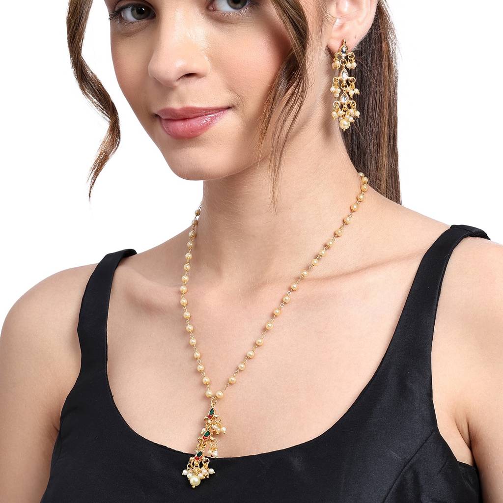 22Kt Gold-Plated Kundan Drops Pearl Chain Necklace Set : PE10024