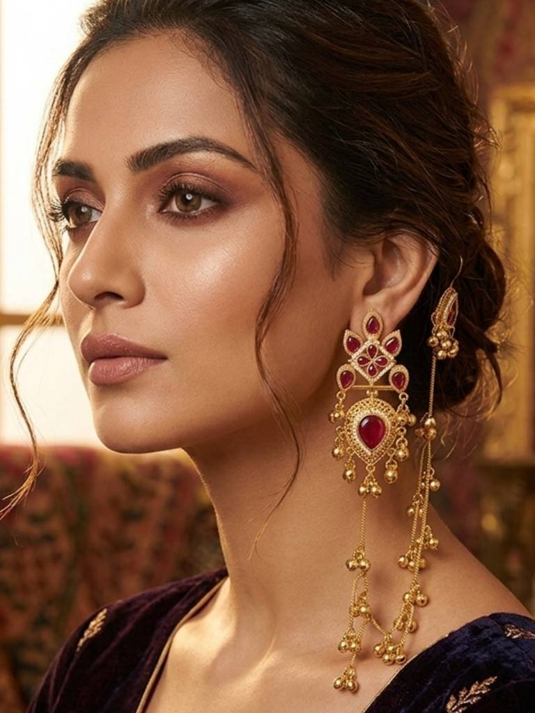 Gold-Plated Premium Kundan Red Stone-Studded Kan Chain Earrings : VI26EROX100369
