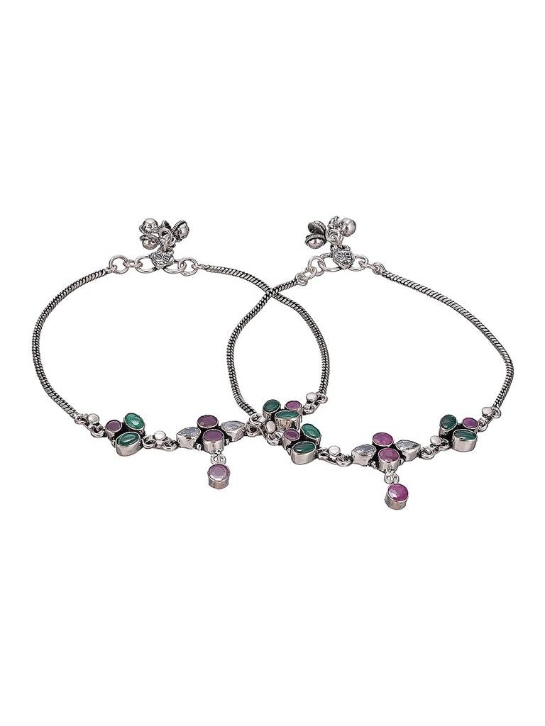 Silver Toned Green  & Pink Crystal Floral Charm Elegant Payal Anklet : SJPL2876