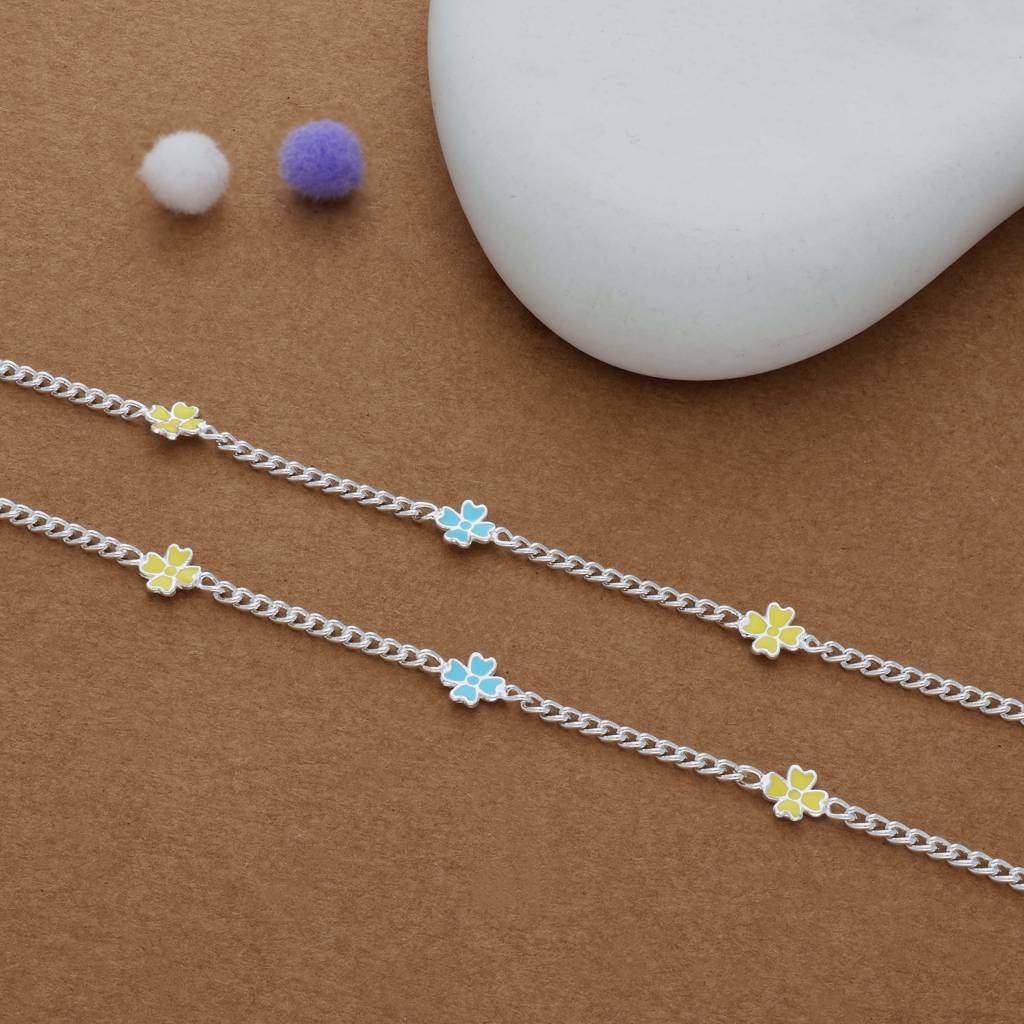 Yellow & Blue Flower Charm 925 Silver Kid Anklet : KA-KC-RH-R-198-P