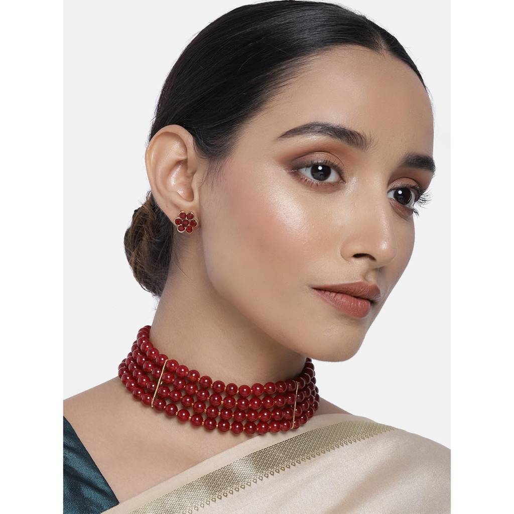 Peora Gold Plated Pearl Beaded Choker Necklace With Stud Earrings For Women Traditional Stylish Jewellery Set (Bl : PF26N1402M