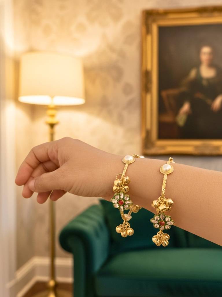 Set Of 2 Gold-Plated Beaded Kashmiri Ghungroo Bangles : VI26BC100053