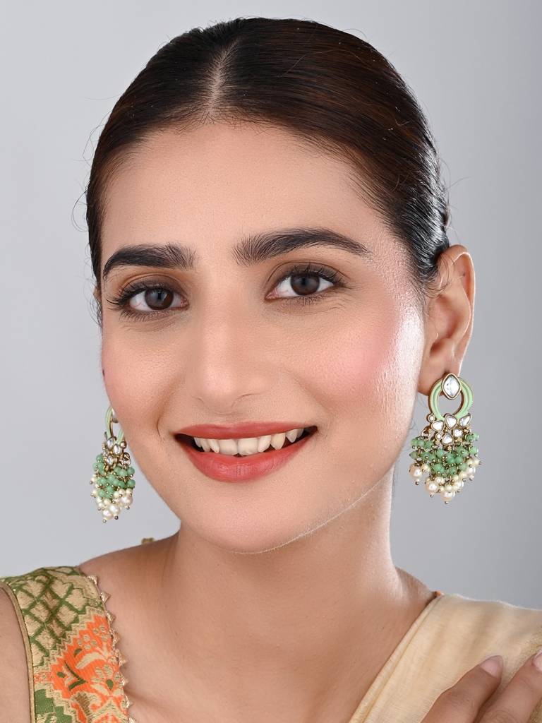 Gold-Plated Meenakari Stud Earrings With Kundan & Pearl Cluster Drops : S24FAER408SGR