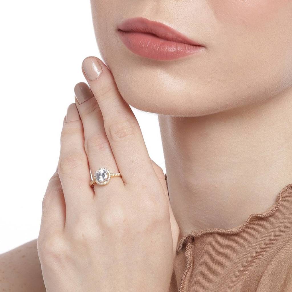 Golden Aura Gold-Plated 925 Sterling Silver Solitaire Halo Ring For Her (Adjustable) : RNG-40159