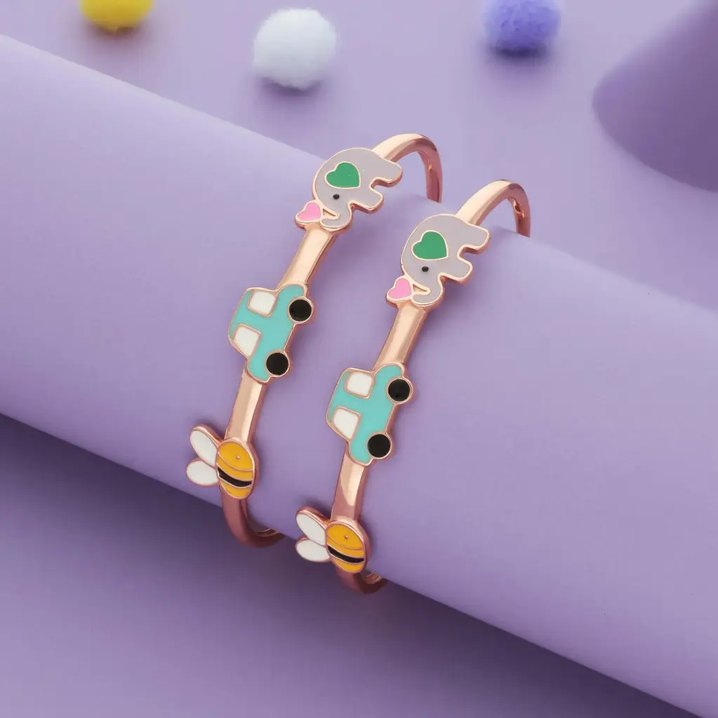 Iyal Tiny Tusker Ride Duo 18K Rose Gold Polish Silver Kids Bangles (0-5 Yrs) : KB-CC-RG-U-174-S