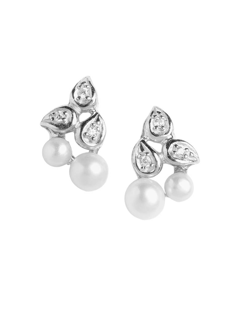 925 Sterling Silver Rhodium Plated Cz And Pearl Contemporary Mini Stud Earring : SILE609