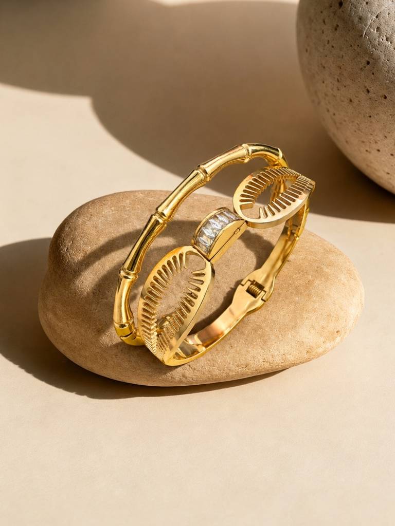 Gold Cowrie Shell & Bamboo Bangles Set -18K Gold Plated Stainless Steel Stackable Bracelets : CBR009GCS