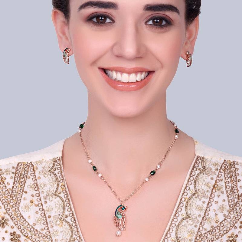 Premium Rose Gold Plated Green Beaded & Cz Peacock Pendant Set|Occasion Wear : AD-926-RGGNPDER