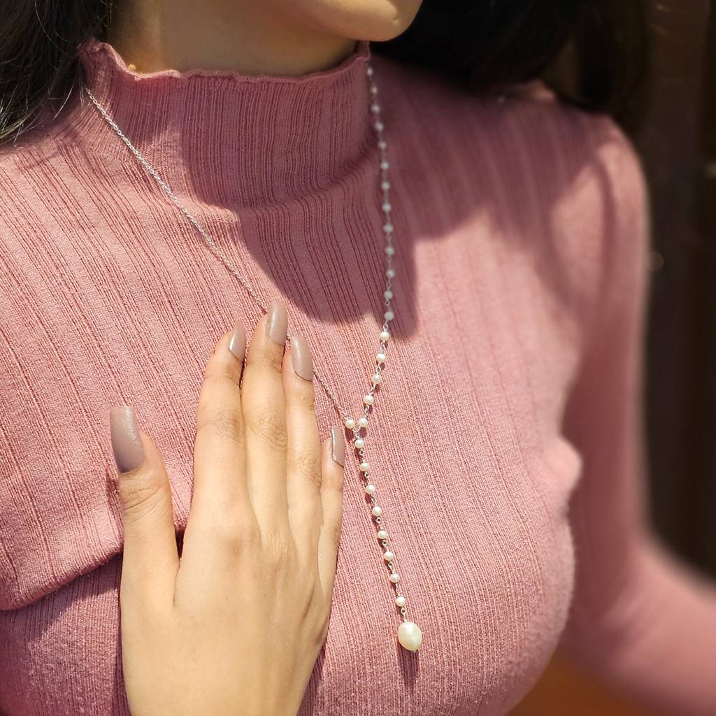925 Silver Pearl Drop Lariat Necklace : IS-NC-PC-1174