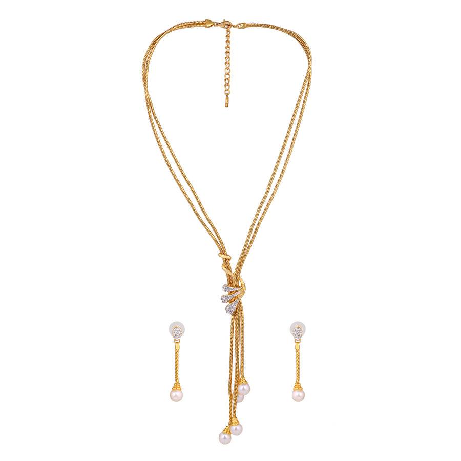 Estele Gold Plated Trendy Pearl Tassel Necklace Set For Women : 7099NKER