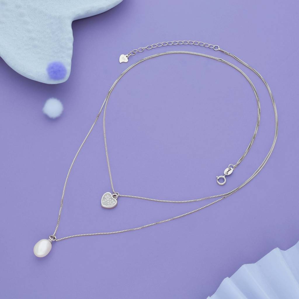 Iyal Layered Heart With Pearl Charm Silver Necklace | 925 Hallmark | Valentine’S Day Gift For Her : WN-NC-RH-U-113-S