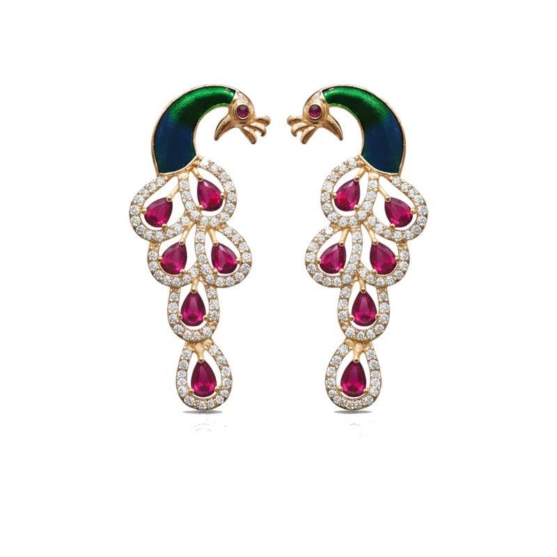 Classic Peacock Elegance Drop Earrings With Stone Embellishment| Occasion Wear : AD-918RGRBEER