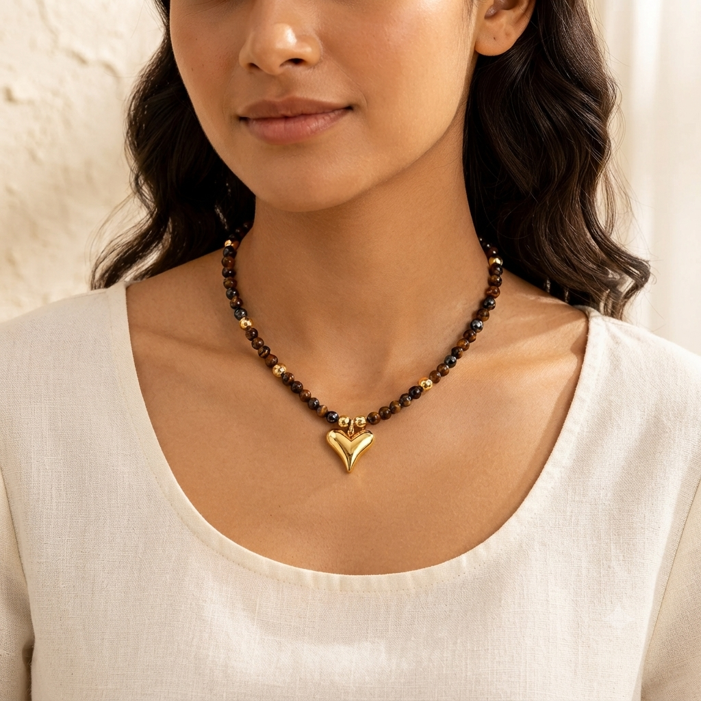 Tiger Eye Beaded Heart Pendant Necklace For Women | Natural Stone Gold Heart Necklace | Premium Bead Chain : AST-NEK-0088
