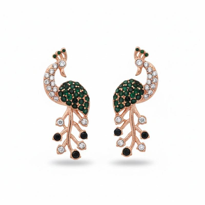 Rose Gold Plated Peacock Design Stud Earrings With Green & White Cz Stones | Partywear : 10306-RGGNWEEER
