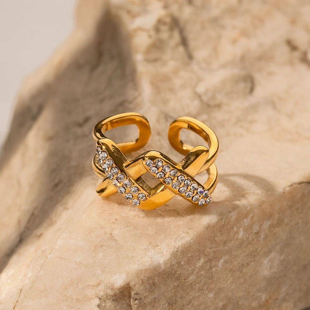 18Kt Gold Plated Cuban X Open Adjustable Ring, Freya : INFREYA-G