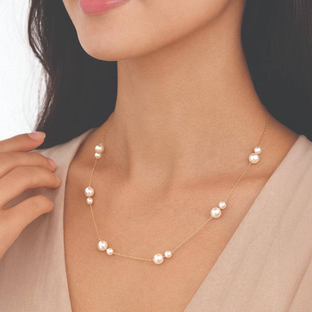 Women Gold-Toned Pearl Beaded Chain Necklace - Skin Safe, Delicate Everyday Necklace : 100811