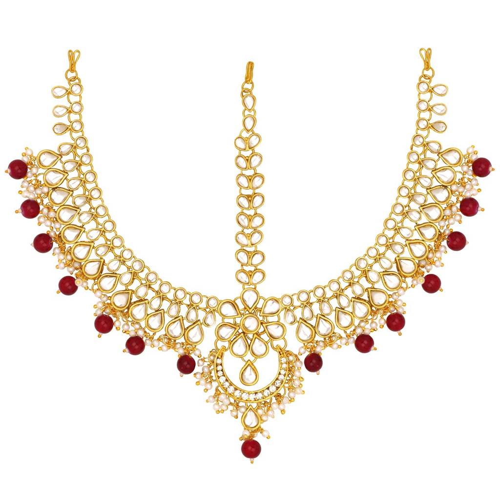 Peora Traditional Gold Plated Red Kundan Pearl Maang Tikka Matha Patti For Women Girls - Valentines Gift For Her : PF28TK304M