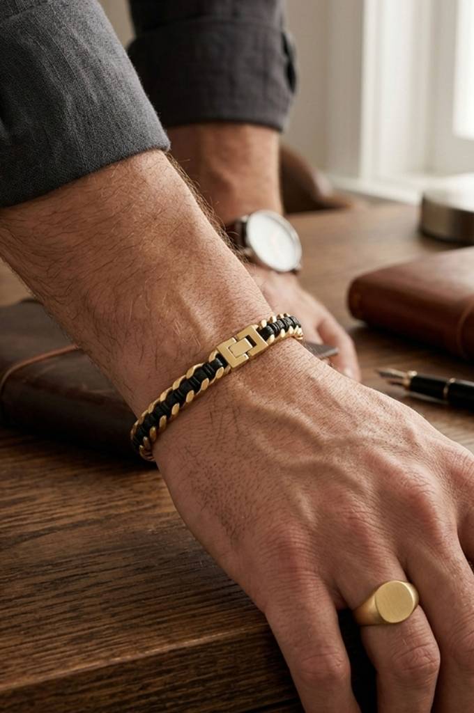 Men'S Braided Black Leather & Gold Plated Cuban Link Stainless Steel Bracelet : MSYKBL5D005