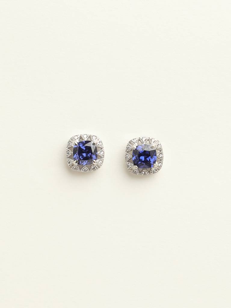 92.5 Sterling Silver Rhodium Plated Swiss Zirconia Royal Blue Cushion Stud Earrings With Screw Back Gift For Wo : CSCLRE2CU_BS