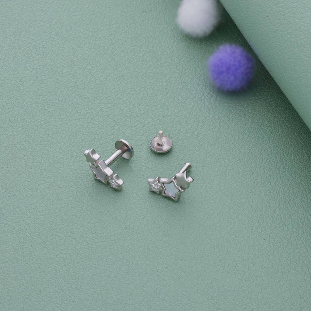 Triple Star Sparkle Silver Stud For Kids & Teen (10+ Yrs) : KE-KS-RH-P-164-P