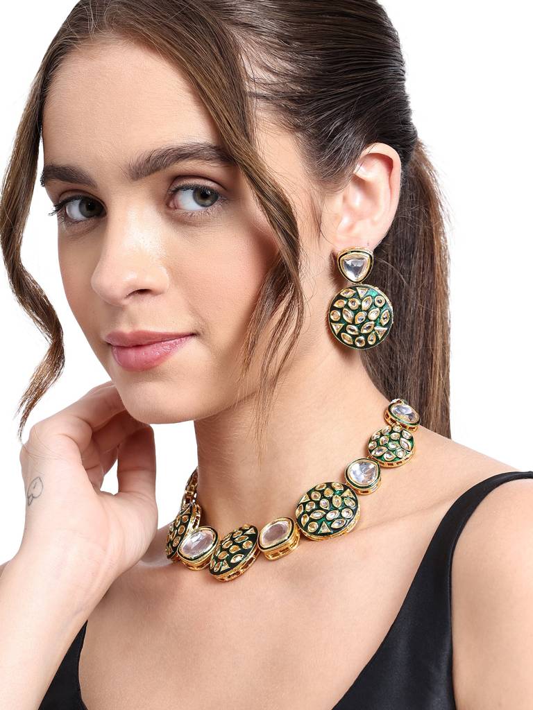 Green Jadau Polki Necklace Set : NE45006