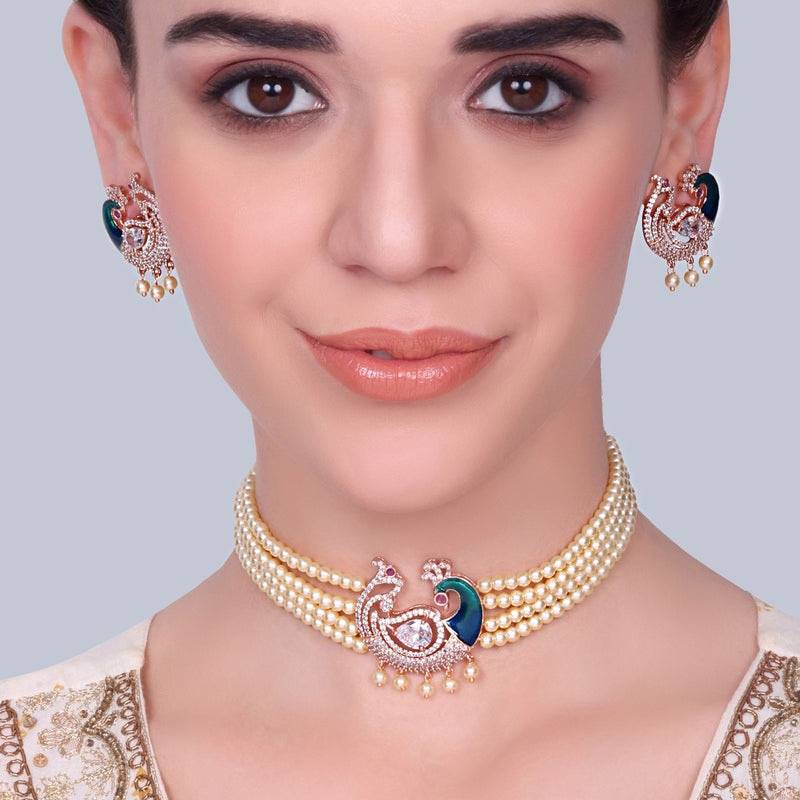 Traditional Peacock Design Cz Stone Beaded Choker Set : AD-935-RGWENKER