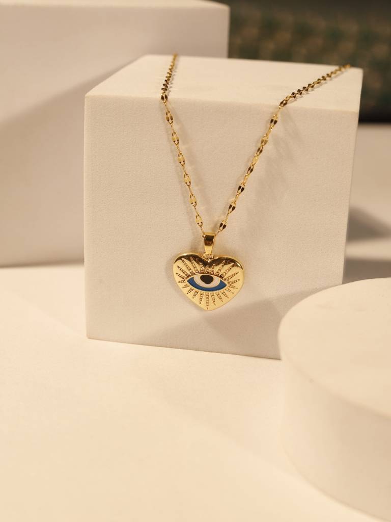Evil Eye Heart Pendant Necklace In 14K Gold Plated Stainless Steel | Anti-Tarnish Cz Chain For Women : ATC567EEBPC