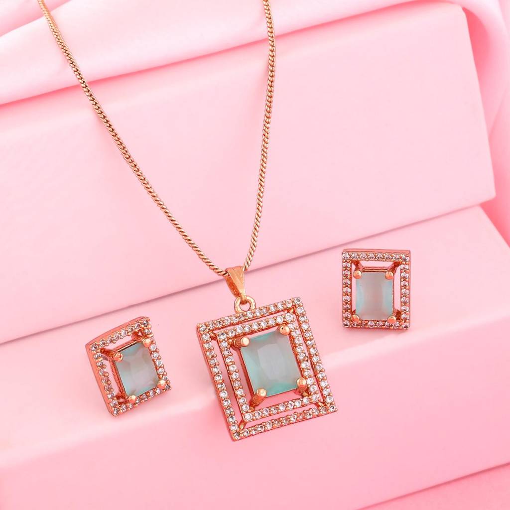 Estele Rose Gold Plated Cz Square Designer Pendant Set With Mint Green Crystals For Women